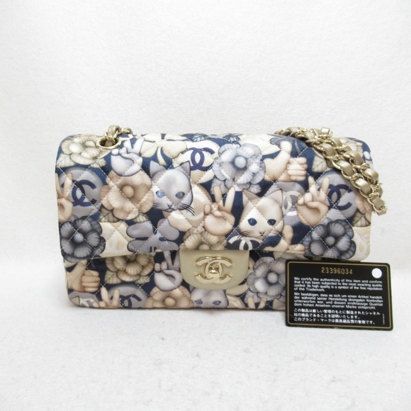 CHANEL MatelasseW Flap ChainShoulder Bag Cat Pattern Beige Nylon - Picture 5 of 10